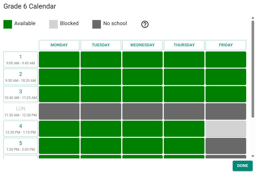 Figure 3: The Class Calendar modal used to block specific periods for a single class.