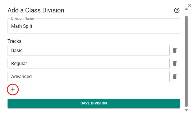 Figure 5: Modal for creating a new class division and adding tracks.