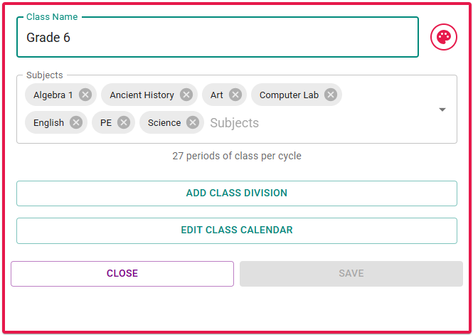 Figure 1: The Class Card showing fields for name, color, and subjects.