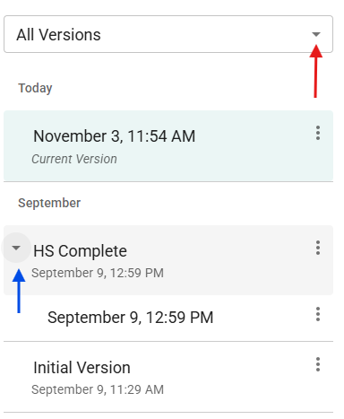Expanding version list and filtering