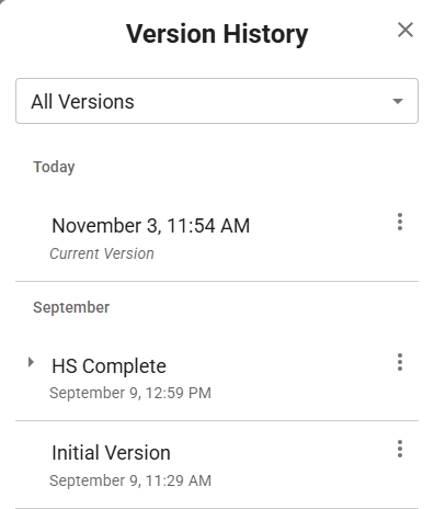 Version History drawer